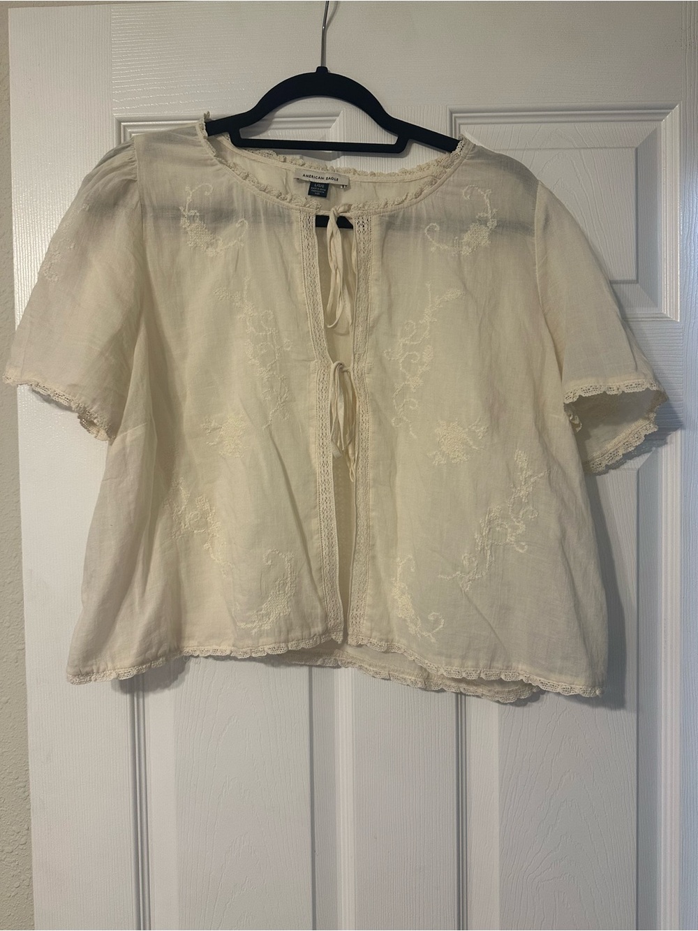 American Eagle Outfitters Cream Embroidered Tie-Front Peasant Top